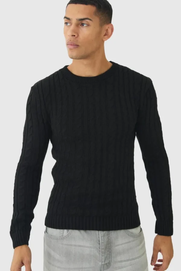 boohooMAN Muscle Fit Cable Knit Jumper | Knitwear | Going Out Knitwear