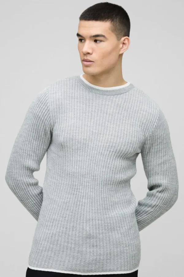 boohooMAN Muscle Fit Contrast Colour Long Sleeve Knitted Jumper | Knitwear | Going Out Knitwear