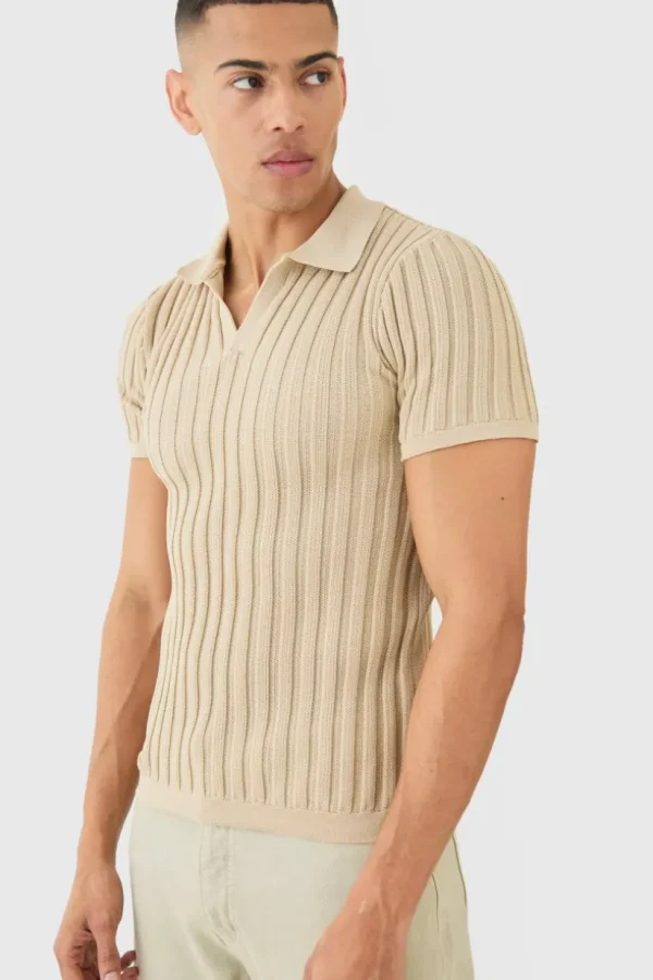 boohooMAN Muscle Fit Revere Ribbed Knit Polo | Going Out Polo Shirts | Knitwear