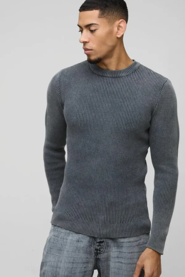 boohooMAN Muscle Fit Ribbed Acid Wash Knitted Jumper | Knitwear | Going Out Knitwear