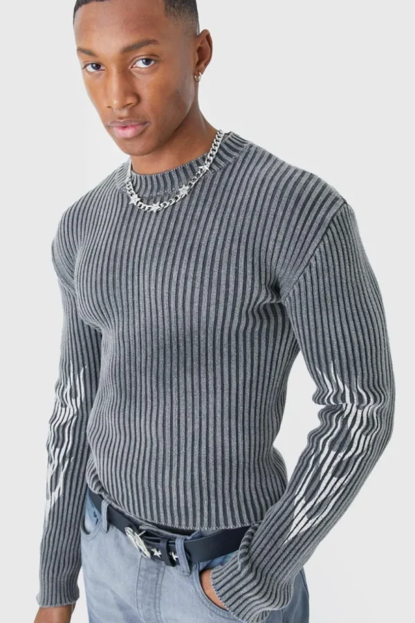 boohooMAN Muscle Fit Ribbed Acid Wash Knit Jumper | Knitwear | Going Out Knitwear