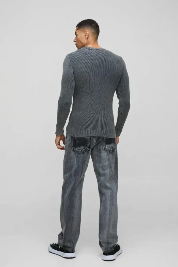 boohooMAN Muscle Fit Ribbed Acid Wash Knitted Jumper | Knitwear | Going Out Knitwear