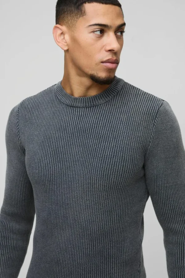 boohooMAN Muscle Fit Ribbed Acid Wash Knitted Jumper | Knitwear | Going Out Knitwear