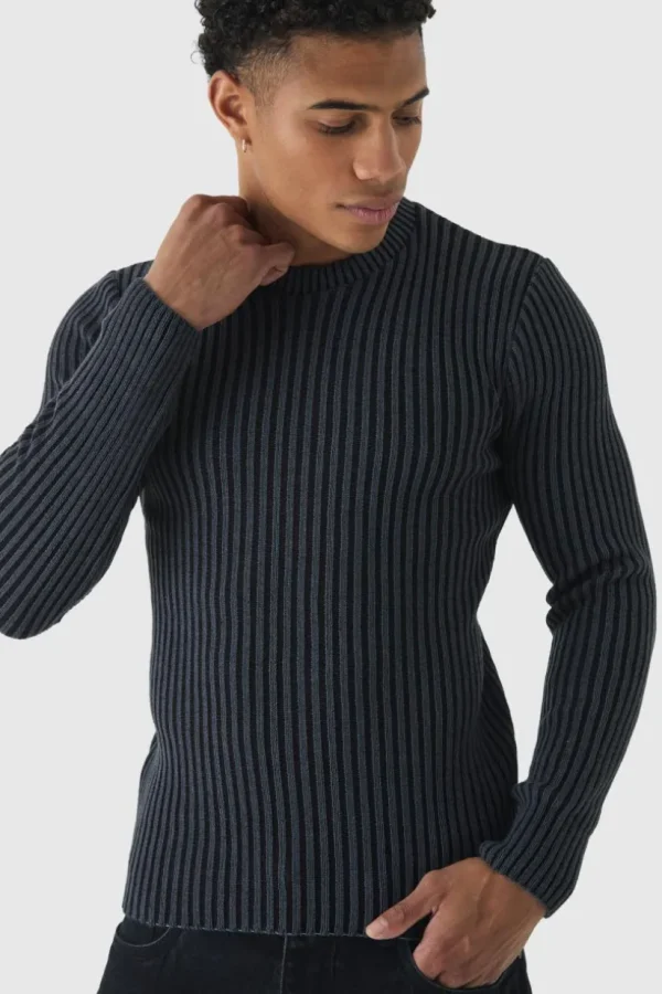 boohooMAN Muscle Fit Ribbed Knit Jumper | Knitwear | Going Out Knitwear