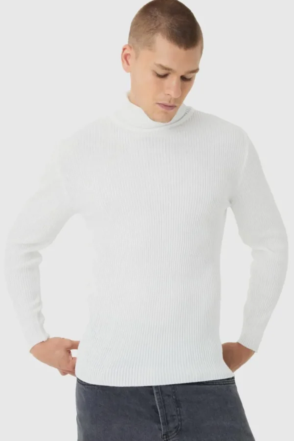 boohooMAN Muscle Fit Ribbed Knit Roll Neck Jumper In | Knitwear | Going Out Knitwear