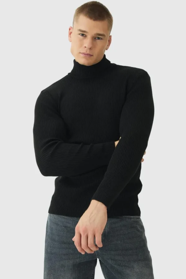 boohooMAN Muscle Fit Ribbed Knit Roll Neck Jumper In | Knitwear | Going Out Knitwear