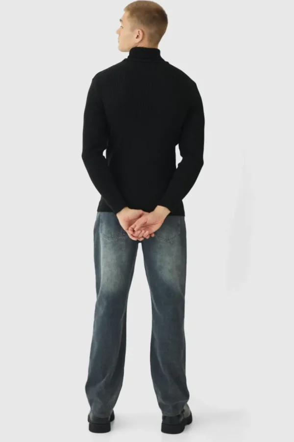 boohooMAN Muscle Fit Ribbed Knit Roll Neck Jumper In | Knitwear | Going Out Knitwear