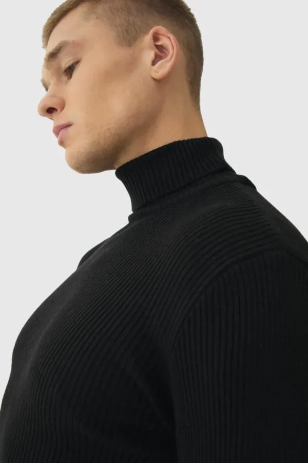 boohooMAN Muscle Fit Ribbed Knit Roll Neck Jumper In | Knitwear | Going Out Knitwear