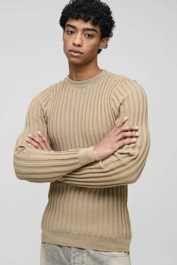 boohooMAN Muscle Fit Ribbed Long Sleeve Jumper | Knitwear | Going Out Knitwear