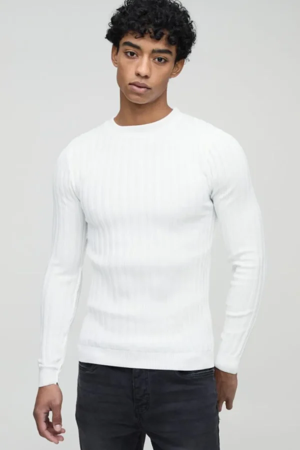 boohooMAN Muscle Fit Ribbed Long Sleeve Jumper | Knitwear | Going Out Knitwear