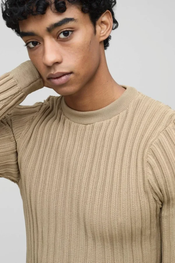 boohooMAN Muscle Fit Ribbed Long Sleeve Jumper | Knitwear | Going Out Knitwear