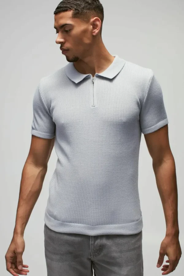 boohooMAN Muscle Fit Ribbed Zip Neck Knitted Polo | Going Out Polo Shirts | Knitwear