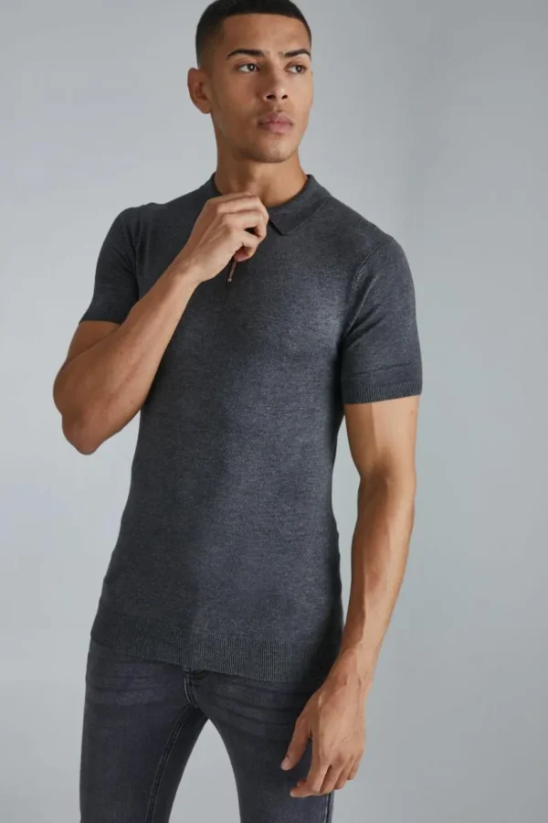 boohooMAN Muscle Short Sleeve Half Zip Polo | Knitwear | Going Out Knitwear