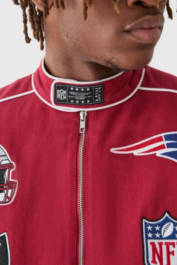 boohooMAN Nfl Oversized Moto Pu Jacket With Applique Badges | Man