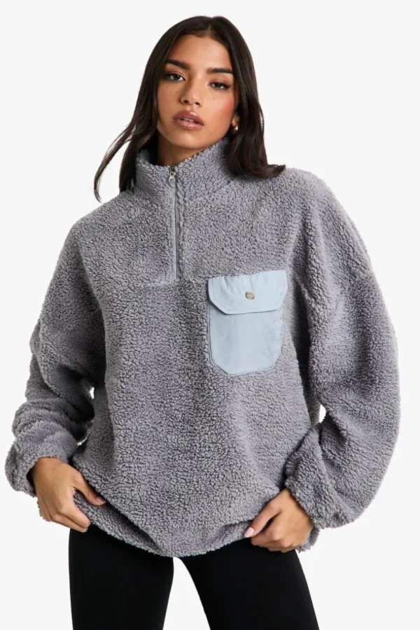 boohoo Nylon Pocket Detail Oversized Half Zip Borg Sweatshirt | Women Shirts | Foundation