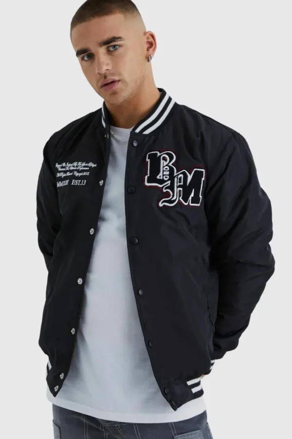 boohooMAN Nylon Varsity Jacket With Badges | Man | Coats & Jackets