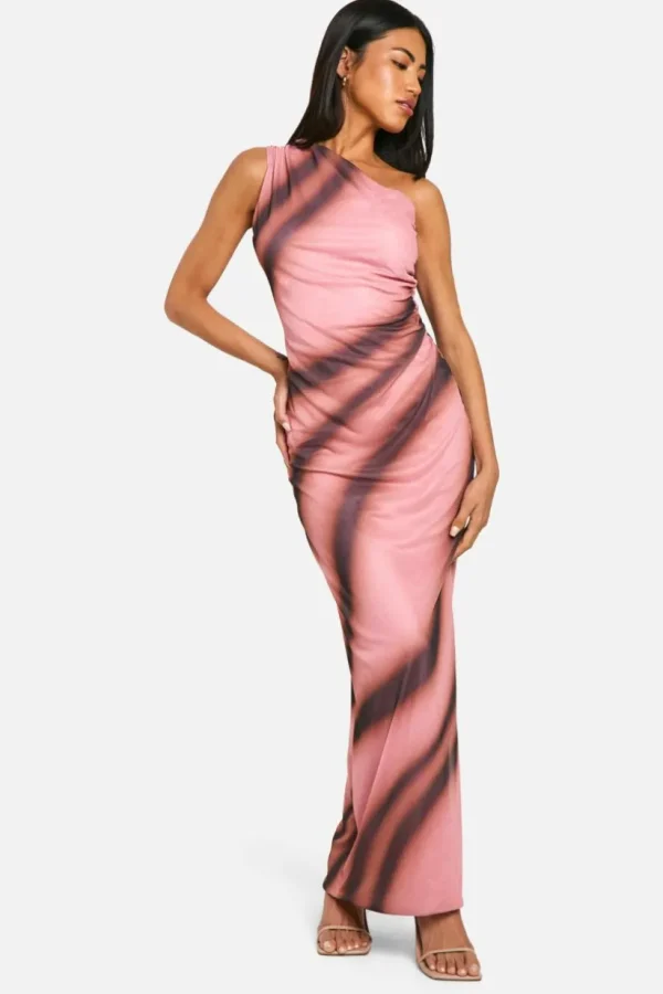 boohoo One Shoulder Abstract Printed Mesh Maxi Dress | Women Shirts | Foundation