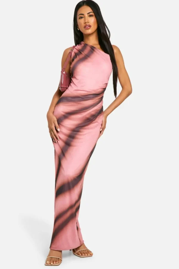 boohoo One Shoulder Abstract Printed Mesh Maxi Dress | Women Shirts | Foundation