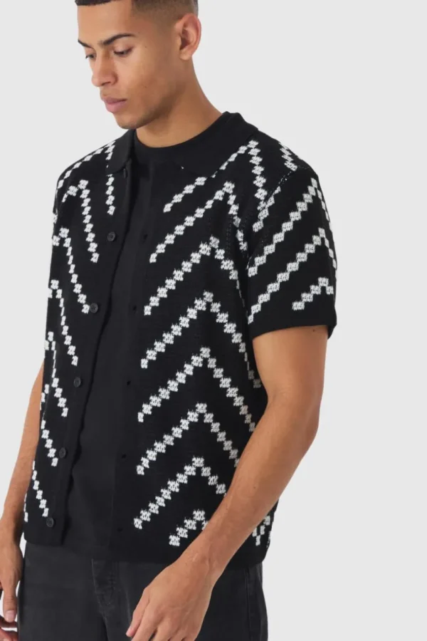 boohooMAN Open Knit Stripe Shirt In Black | Shirts | Going Out Shirts