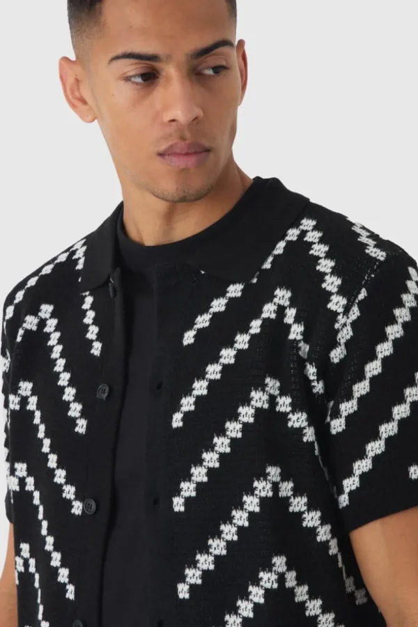 boohooMAN Open Knit Stripe Shirt In Black | Shirts | Going Out Shirts