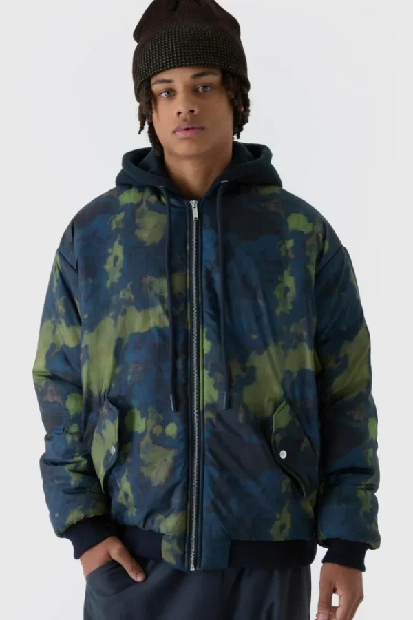 boohooMAN Oversized Abstract Print Hooded Bomber Jacket In | Man | Coats & Jackets