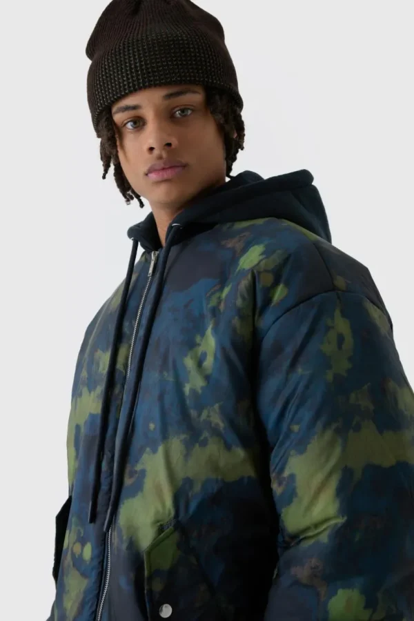 boohooMAN Oversized Abstract Print Hooded Bomber Jacket In | Man | Coats & Jackets