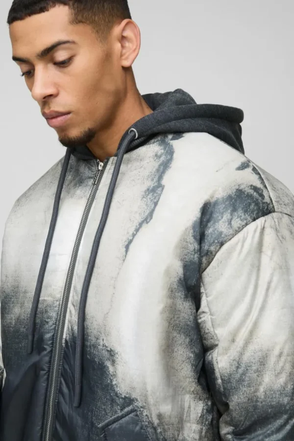 boohooMAN Oversized Abstract Print Hooded Bomber Jacket In | Man | Coats & Jackets