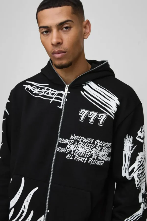 boohooMAN Oversized AOP Doodle Zip Through Tracksuit | Tracksuits