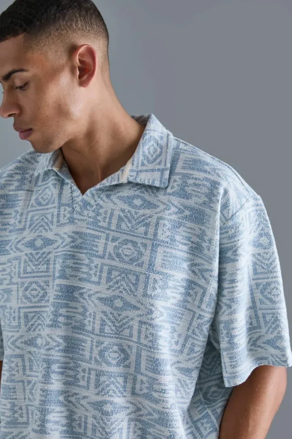 boohooMAN Oversized Aztec Jacquard Rugby Half Sleeve Sweatshirt | Shirts | Going Out Shirts