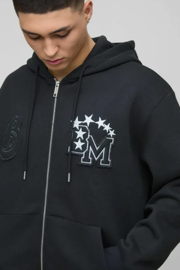 boohooMAN Oversized BM Varsity Applique Zip Through Hoodie | Hoodies & Sweats