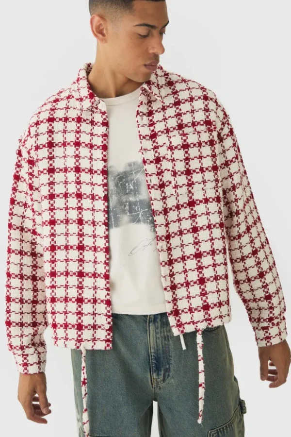 boohooMAN Oversized Boucle Bungee Hem Check Overshirt | Shirts | Going Out Shirts