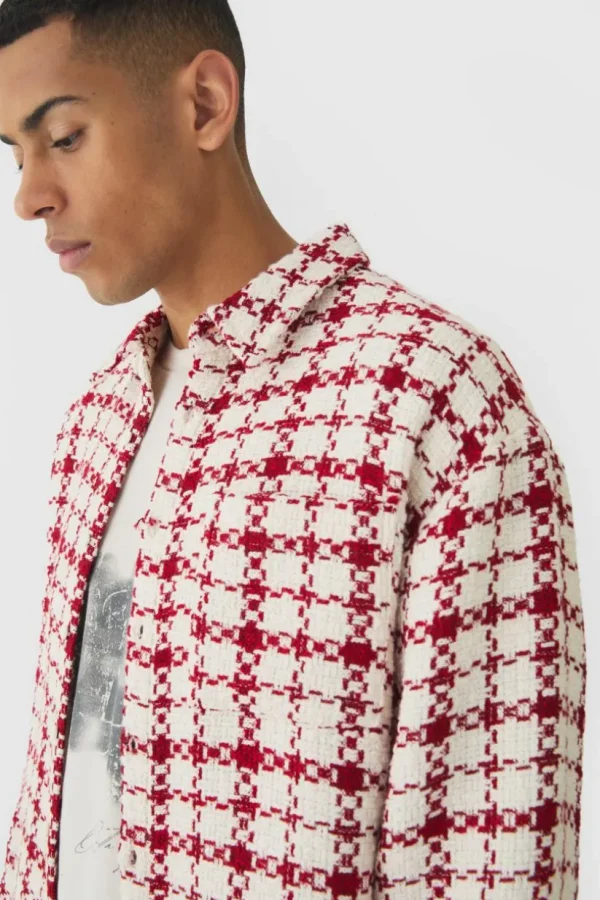 boohooMAN Oversized Boucle Bungee Hem Check Overshirt | Shirts | Going Out Shirts