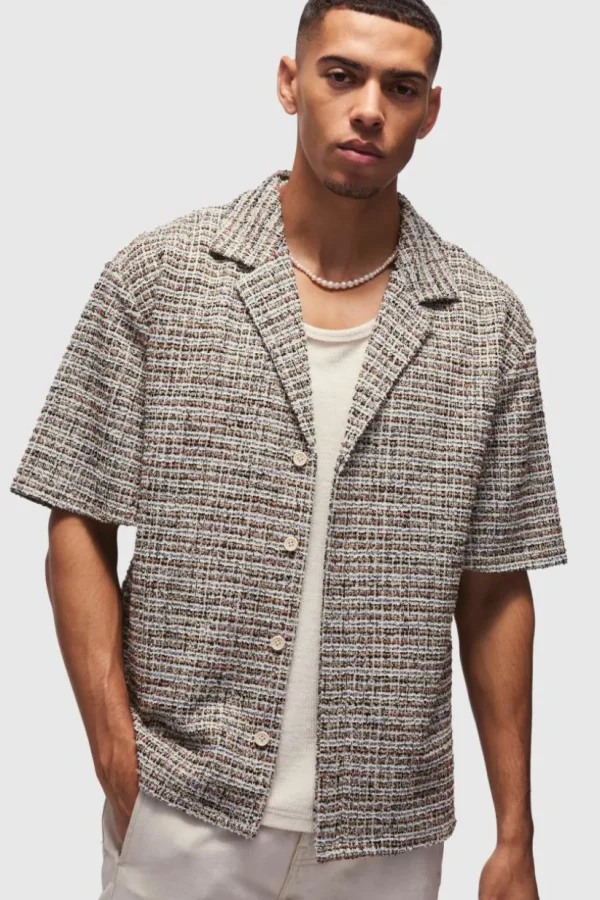 boohooMAN Oversized Boucle Dropped Revere Shirt | Shirts | Going Out Shirts