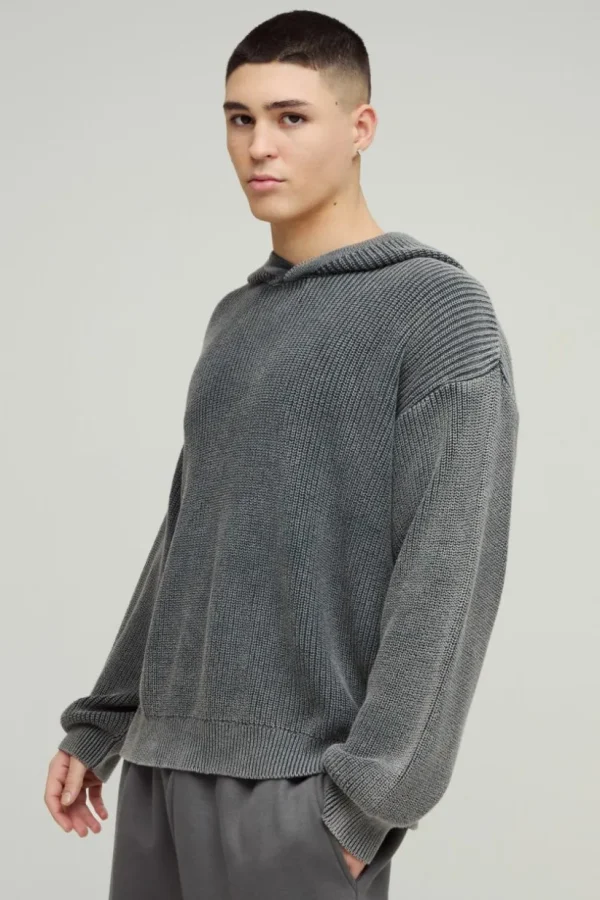 boohooMAN Oversized Boxy Acid Wash Knitted Hoodie | Knitwear | Going Out Knitwear