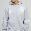 boohooMAN Oversized Boxy All Over Heart Printed Zip Through Hoodie | Hoodies & Sweats