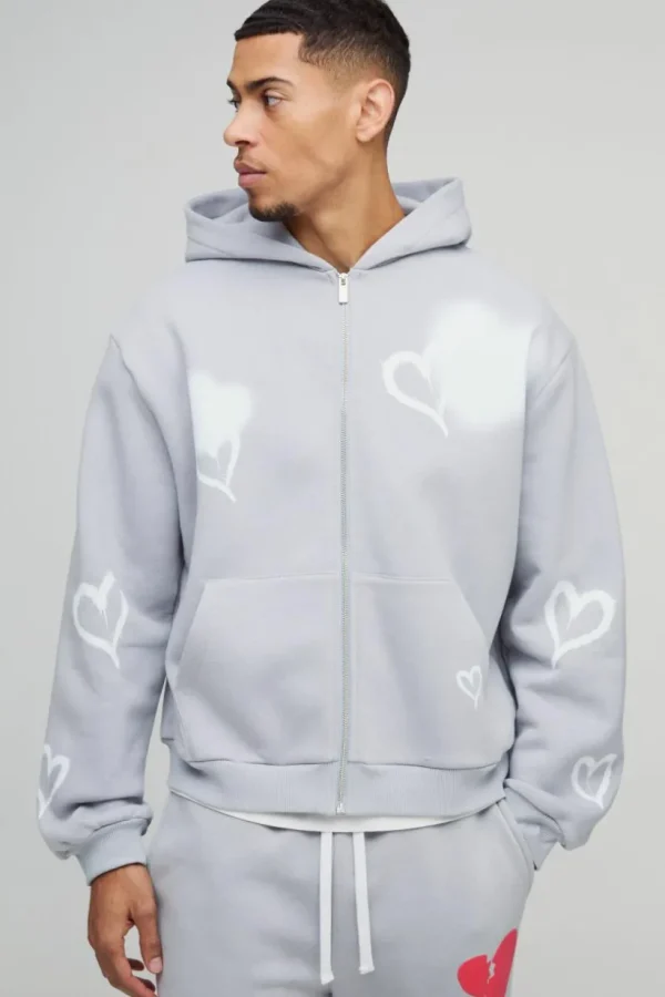 boohooMAN Oversized Boxy All Over Heart Printed Zip Through Hoodie | Hoodies & Sweats