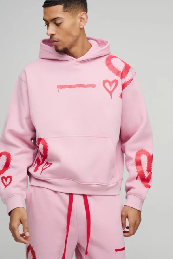 boohooMAN Oversized Boxy All Over Heart Printed Hooded Tracksuit | Tracksuits