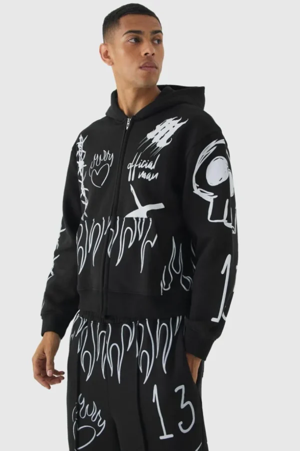 boohooMAN Oversized Boxy All Over Print Graffiti Zip Through Tracksuit | Tracksuits