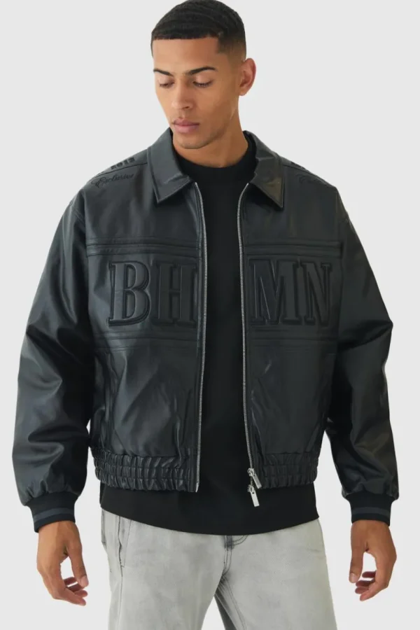 boohooMAN Oversized Boxy Badge PU Bomber Jacket | Man | Coats & Jackets