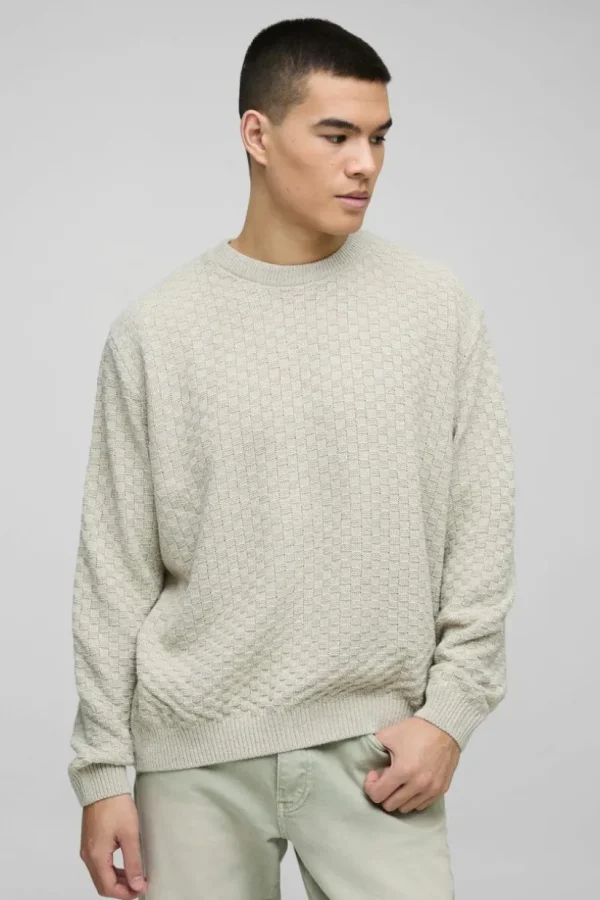 boohooMAN Oversized Boxy Basket Knitted Crew Jumper | Knitwear | Going Out Knitwear