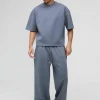 boohooMAN Oversized Boxy Bonded Scuba T-Shirt & Stacked Jogger Tracksuit | Sets & Coords | Tracksuits