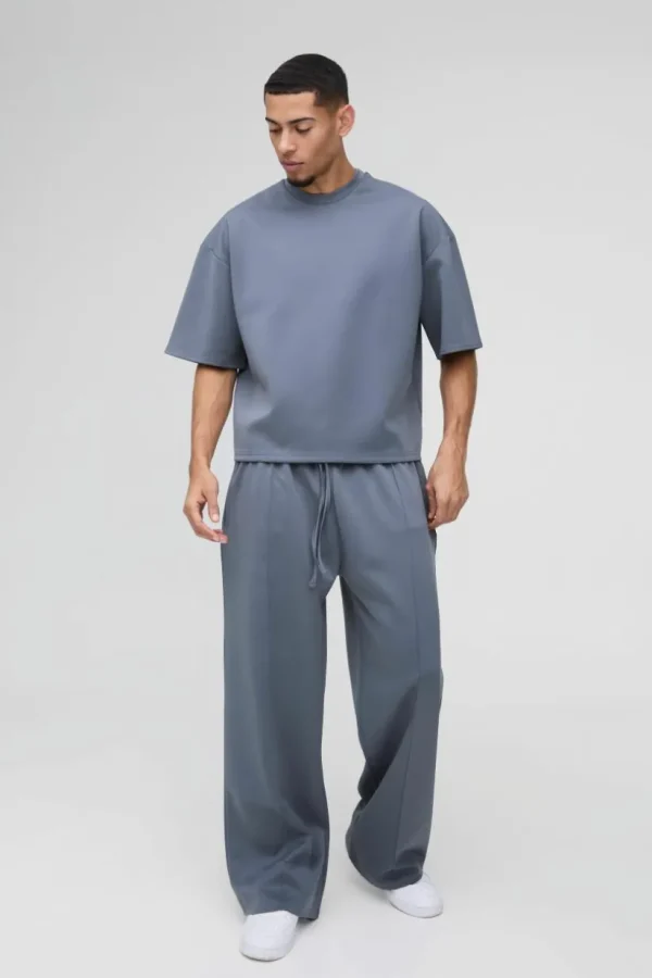 boohooMAN Oversized Boxy Bonded Scuba T-Shirt & Stacked Jogger Tracksuit | Sets & Coords | Tracksuits