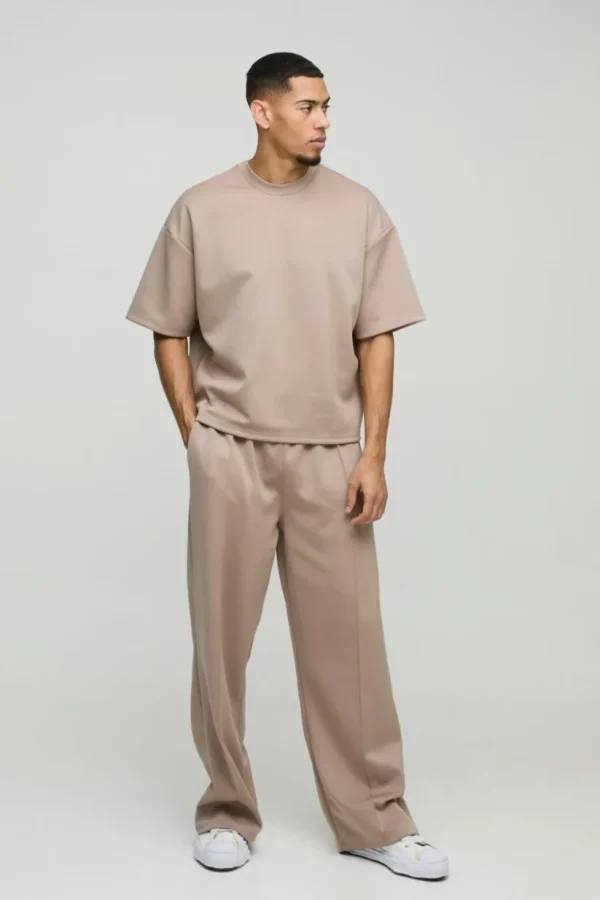 boohooMAN Oversized Boxy Bonded Scuba T-Shirt & Stacked Jogger Tracksuit | Sets & Coords | Tracksuits