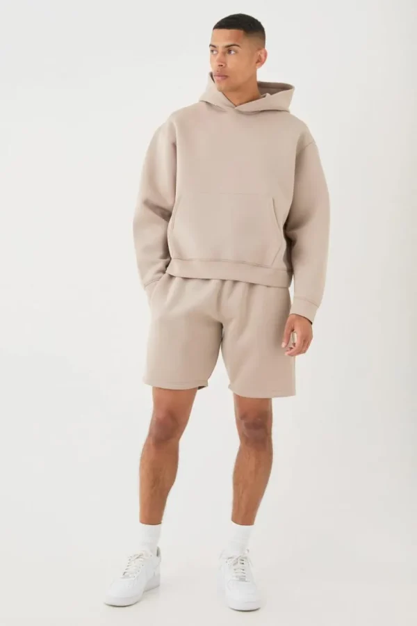 boohooMAN Oversized Boxy Bonded Scuba Hooded Short Tracksuit | Going Out | Tracksuits