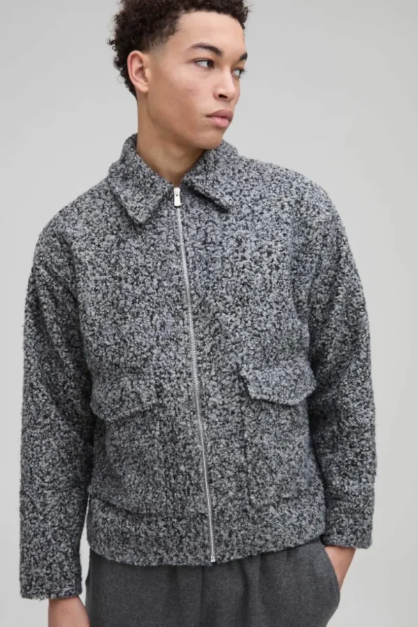 boohooMAN Oversized Boxy Boucle Harrington Jacket | Going Out Jackets | Going Out