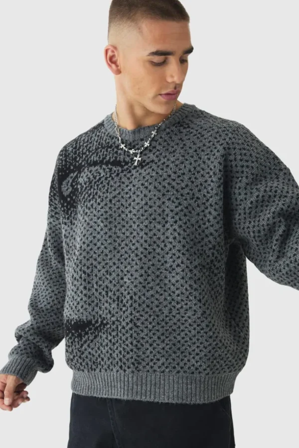 boohooMAN Oversized Boxy Brushed Face All Over Jacquard Jumper | Knitwear | Going Out Knitwear