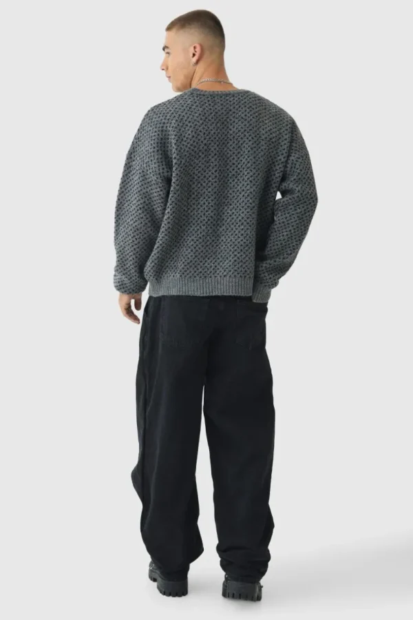 boohooMAN Oversized Boxy Brushed Face All Over Jacquard Jumper | Knitwear | Going Out Knitwear