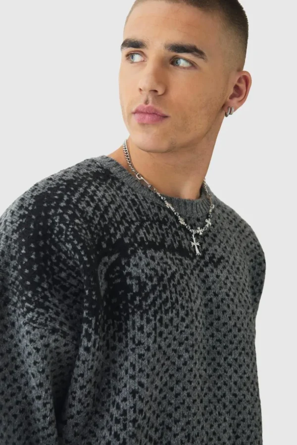 boohooMAN Oversized Boxy Brushed Face All Over Jacquard Jumper | Knitwear | Going Out Knitwear