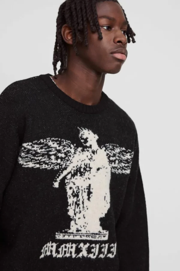 boohooMAN Oversized Boxy Brushed Gothic Graphic Knitted Jumper | Going Out | Knitwear