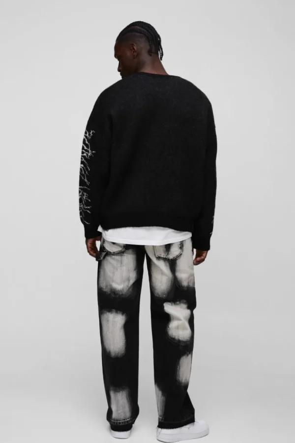 boohooMAN Oversized Boxy Brushed Heartless Graphic Knitted Jumper | Knitwear | Going Out Knitwear